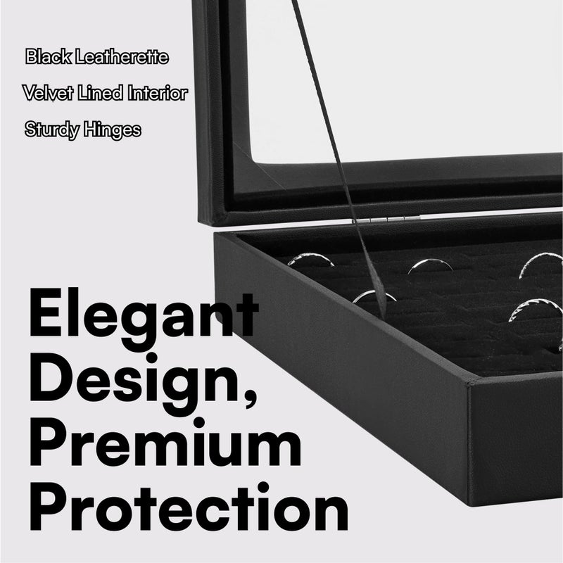 H&S HS Ring Display Box Case - Jewelry Storage Organizer with Glass Lid & Velvet Lining - Holder Tray Fits up to 100 Rings - Black - Image 4